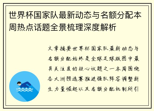 世界杯国家队最新动态与名额分配本周热点话题全景梳理深度解析 世界杯国家队最新动态与名额分配本周热点话题全景梳理深度解析